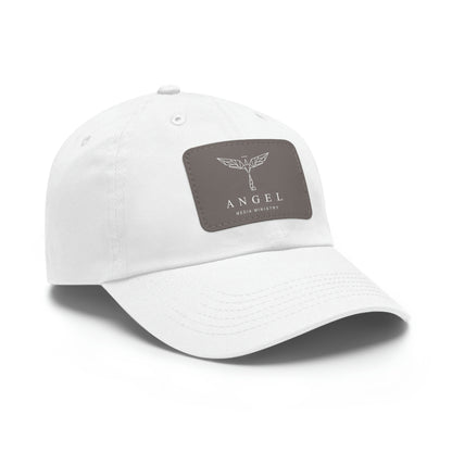 Angel Media Ministry - White Dad Hat with Black Leather Patch (Rectangle)