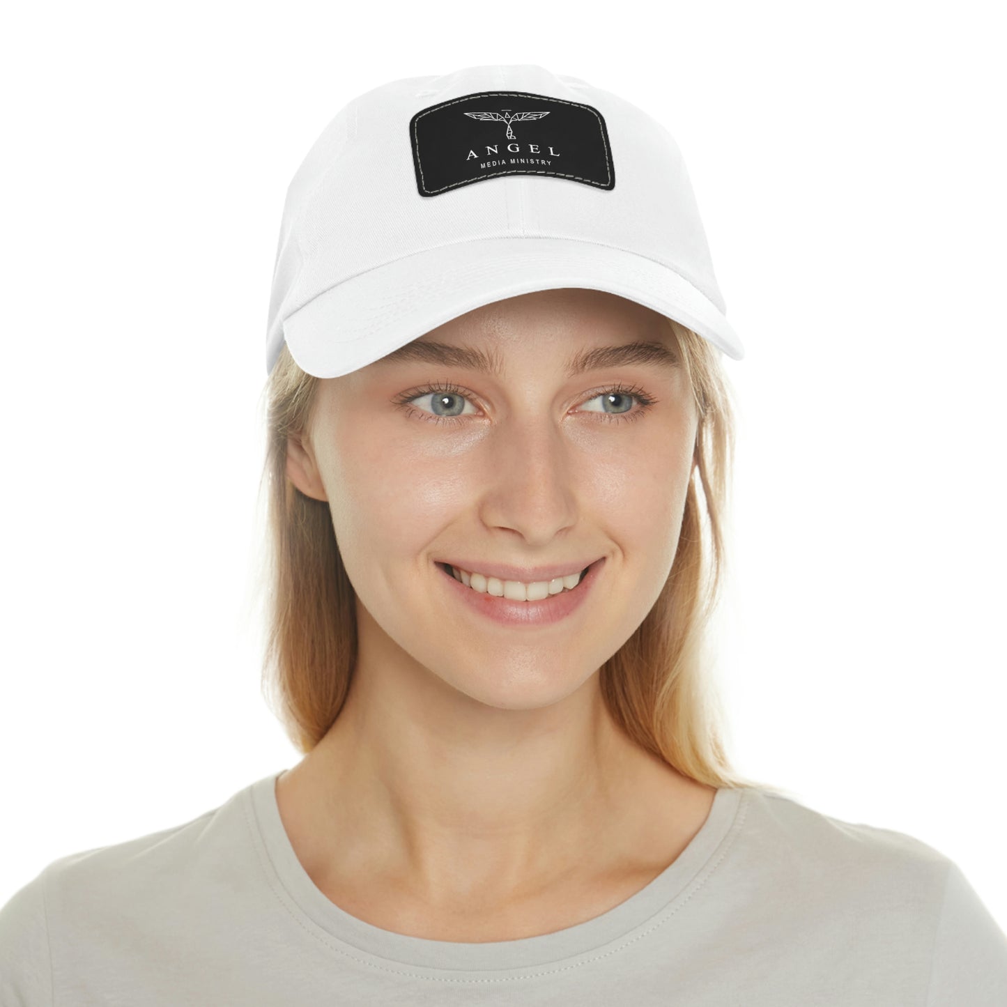 Angel Media Ministry - White Dad Hat with Black Leather Patch (Rectangle)