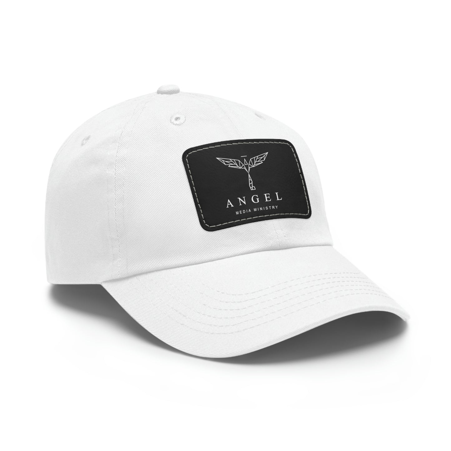 Angel Media Ministry - White Dad Hat with Black Leather Patch (Rectangle)