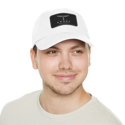 Angel Media Ministry - White Dad Hat with Black Leather Patch (Rectangle)