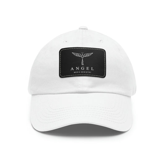 Angel Media Ministry - White Dad Hat with Black Leather Patch (Rectangle)