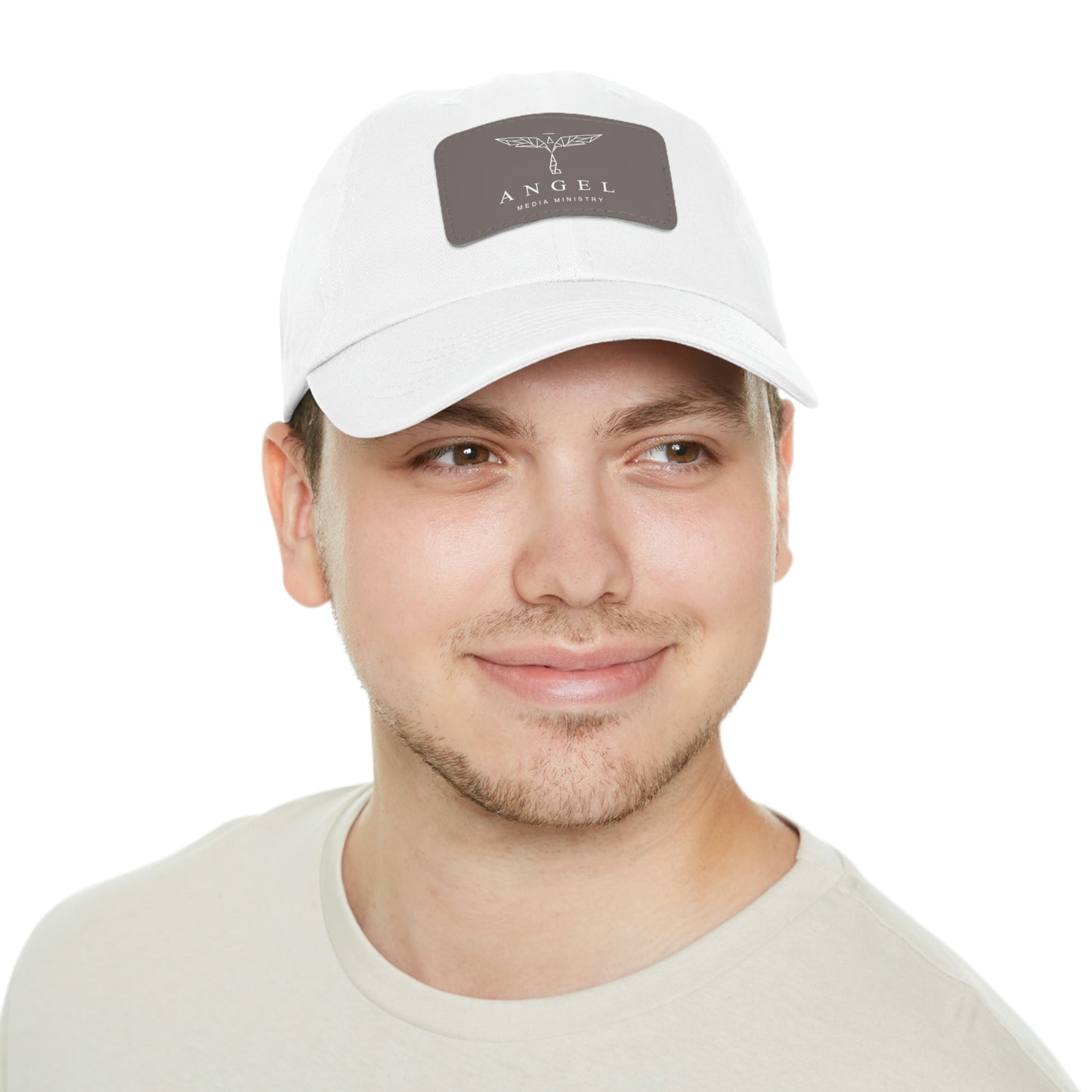 Angel Media Ministry - White Dad Hat with Black Leather Patch (Rectangle)