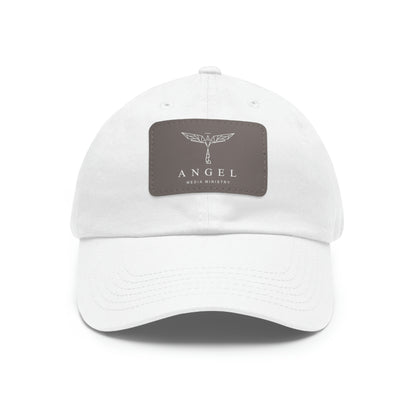 Angel Media Ministry - White Dad Hat with Black Leather Patch (Rectangle)